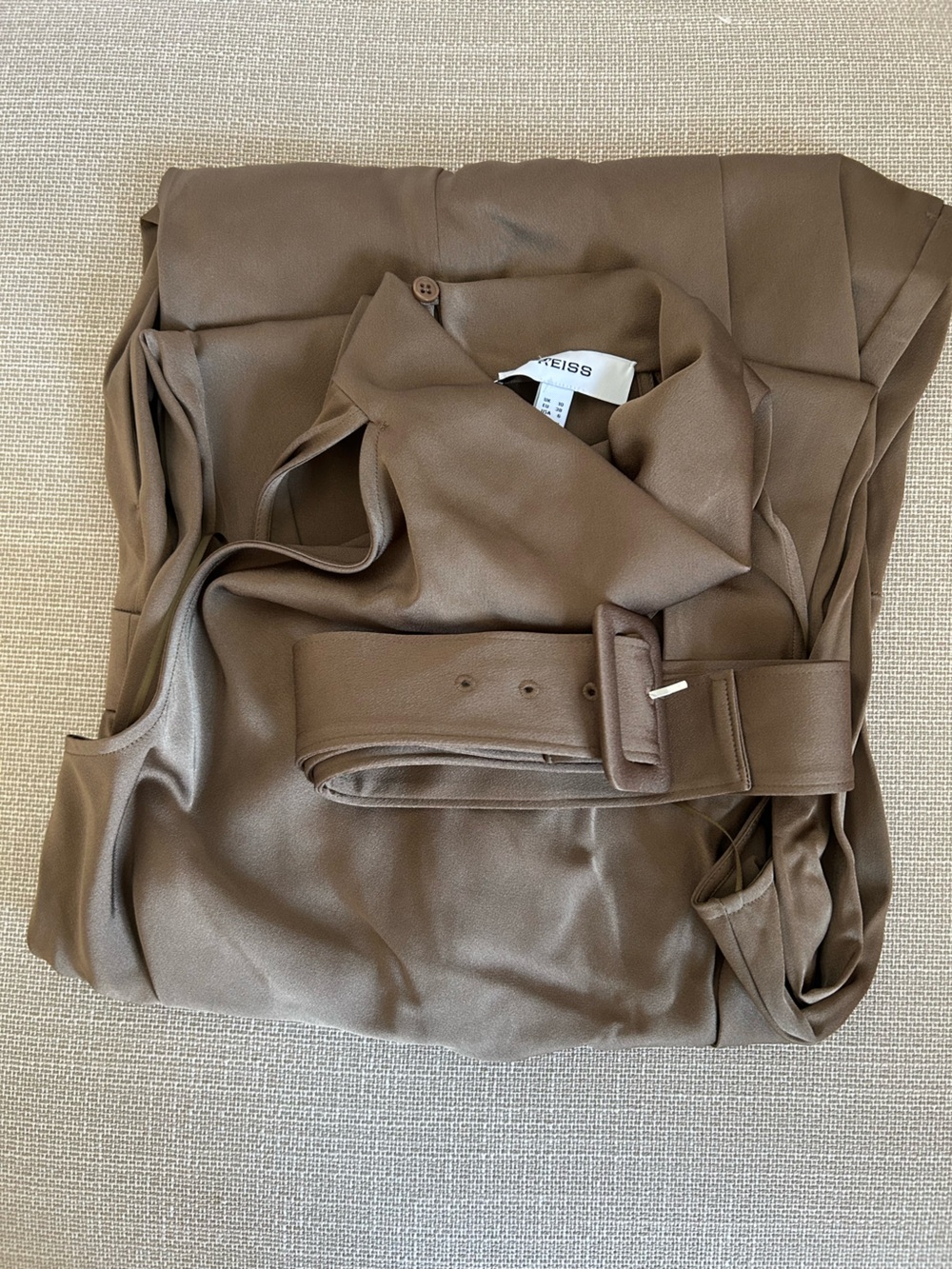 REISS Erica Satin Jumpsuit Khaki Green Cowl-Neck Wide-Leg Quiet Lux Classic - Picture 5 of 14